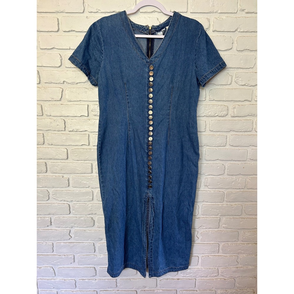 Vintage Halmode Petites Denim Short Sleeve Midi Dress Women's Size 8 / 10 - Picture 2 of 6
